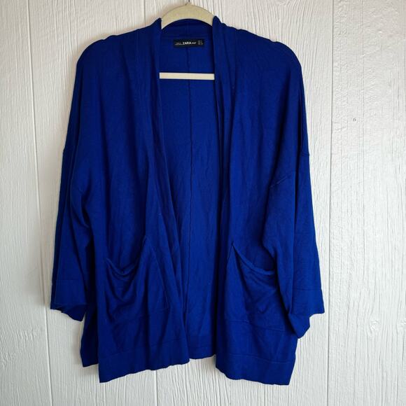 Zara Knit Royal Blue Open Front Cardigan Career Office Size Medium with Pockets - Picture 2 of 7